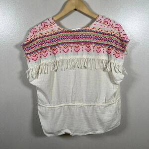 Amanda Uprichard Embroidered Fringe Shirt Top Size Large Cropped Ivory Boho